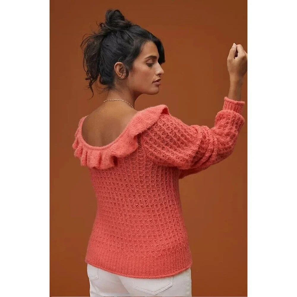 Anthropologie Ruffled Boat Neck Sweater Size XS Coral Pink Fuzzy Knit Wool Blend
